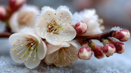Plum blossoms blooming in snow, traditional symbol of resilience and New Year