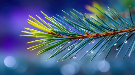 Close-up of a fir branch with water droplets, set against a blurred bokeh background. The image highlights the natural beauty of the plant and the delicate wate