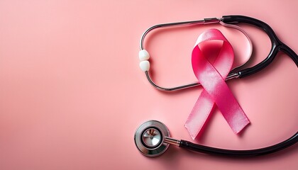 pink ribbon and stethoscope for breast cancer awareness and medical health care concept