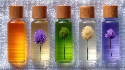 Five small glass bottles containing colorful liquids and dried flowers, arranged in a row on a white textured towel. Each bottle has a wooden cap.