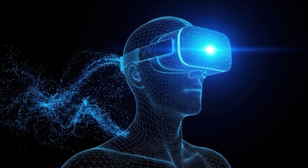 Abstract digital human head wearing a glowing blue virtual reality headset, symbolizing future technology, metaverse, and immersive experience