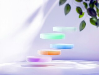 A 3D rendering of five colorful, floating platforms with a plant in the background, lit by soft light.