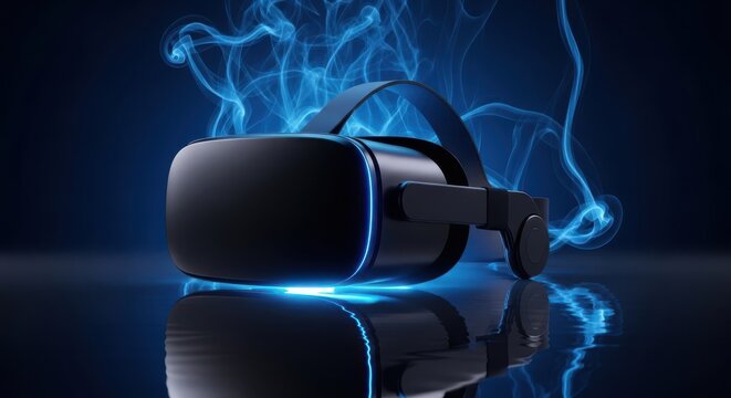 Virtual reality headset glowing with blue light, reflecting on a dark surface, symbolizing immersive digital experiences, metaverse, and future innovation