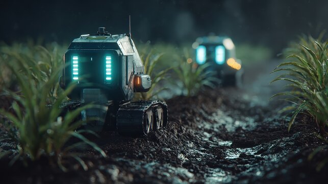 Advanced robotic vehicles rake through rich soil, showcasing the future of farming where technology meets sustainability, improving crop yield and agricultural efficiency.