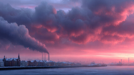 Obraz premium A factory emitting smoke into the atmosphere at sunset, hauntingly environmental pollution