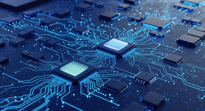 Closeup of a futuristic circuit board with glowing blue lines and microchips, symbolizing advanced technology and digital innovation