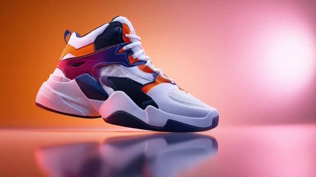 A trendy pair of sneakers stands prominently against an eye-catching gradient background, showcasing contemporary design and modern fashion in an artistic presentation.