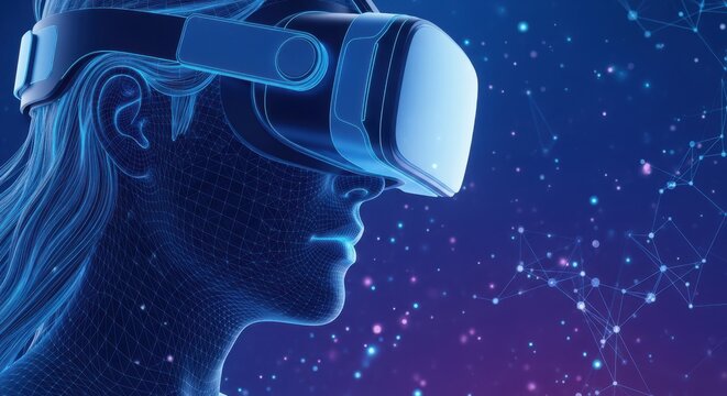 Futuristic digital avatar experiencing virtual reality with a vr headset in a glowing blue and purple technological environment