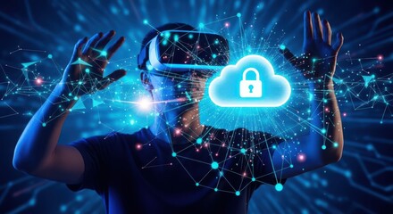 Man wearing virtual reality headset interacting with secure cloud computing network, representing metaverse, data security, and future technology innovation