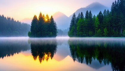 A tranquil landscape of a forest island on a lake with a sunrise reflecting in the water.