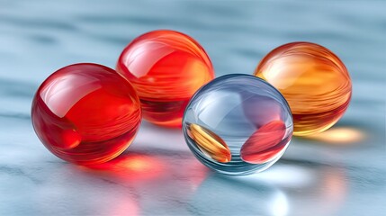 Close-up of four translucent spheres in red, orange, and blue hues, resting on a textured surface. The spheres have internal patterns and reflections.