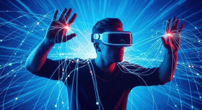 Man in virtual reality headset interacts with glowing data streams, symbolizing immersive technology, metaverse, and future digital world