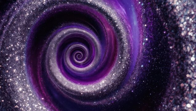 A spiraling galaxy of glittering particles and vibrant purple hues against a dark expanse