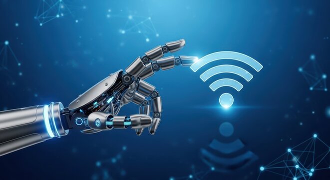 Robotic hand touching a glowing wifi symbol, representing advanced connectivity, artificial intelligence, and future technology - Powered by Adobe