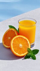 A refreshing glass of orange juice sits next to sliced oranges and fresh mint leaves on a textured surface, with a blurred blue background suggesting a poolside