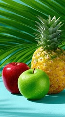 A vibrant still life featuring a whole pineapple, a red apple, and a green apple against a teal background with tropical palm leaves. The lighting is bright and