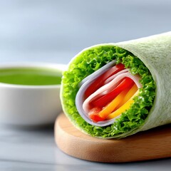 Close-up shot of a delicious wrap filled with fresh vegetables, ham, and lettuce, served on a wooden board. A bowl of green sauce is in the background.