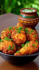 Close-up shot of crispy fried chicken pieces in a black bowl, garnished with parsley, with a small pot of sauce in the background. Food photography.
