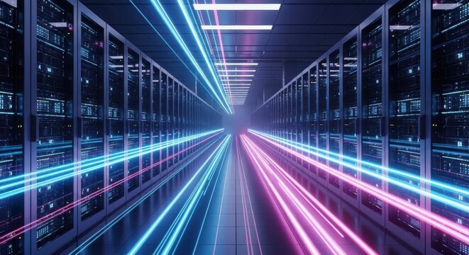 Highspeed data transfer in a modern server room, featuring vibrant blue and pink light trails for advanced network and digital communication