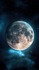 A full moon is prominently displayed in a night sky filled with stars and clouds, creating a celestial scene.