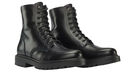 Pair of black leather combat boots with laces on transparent background 
