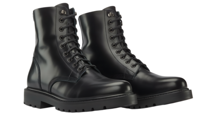 Pair of black leather combat boots with laces on transparent background 
