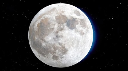 A detailed view of the full moon against a black, star-filled night sky. The moon's surface is textured with craters and maria, illuminated by a bright glow.