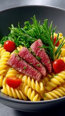 A close-up shot of a bowl of fusilli pasta topped with sliced steak, cherry tomatoes, rosemary, and green leaves. The lighting is soft and highlights the textur