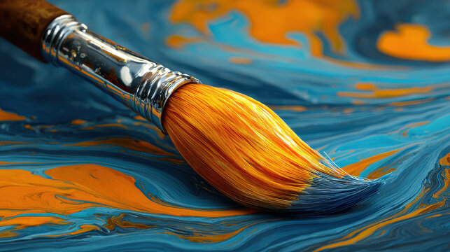 Vibrant paintbrush rests on swirling canvas of blue and orange, embodying essence of solo art therapy session