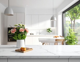 Calm ambient kitchen with counter foreground white