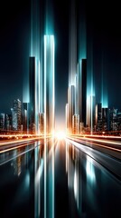 A futuristic cityscape with light trails and glowing buildings at night, creating a sense of speed and technological advancement.