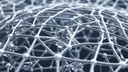 Closeup of a complex molecular structure or nanotech lattice with water droplets in a dark, abstract setting