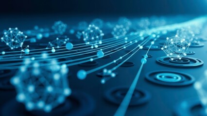 Abstract digital network connection concept with glowing blue geometric shapes and data flow lines in dark space