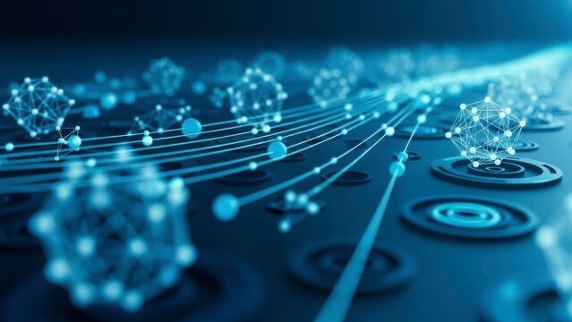 Abstract digital network connection concept with glowing blue geometric shapes and data flow lines in dark space