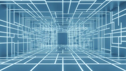 Abstract futuristic tunnel interior with glowing blue neon grid lines creating a sense of digital space and technology