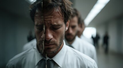 A thought-provoking image capturing a melancholic man with a cracked reflection, conveying themes of identity, introspection, and the struggle with self-perception in a modern context.