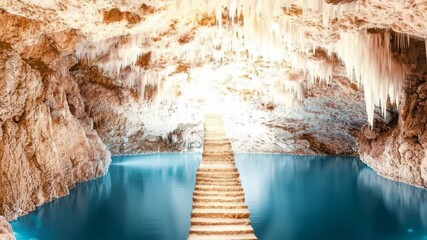 Frozen cave with icy lake and wooden bridge - Powered by Adobe