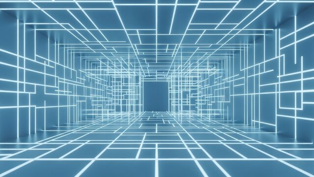 Abstract futuristic tunnel interior with glowing blue neon grid lines creating a sense of digital space and technology