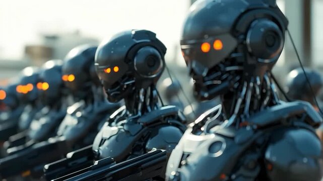 Futuristic army of humanoid combat robots