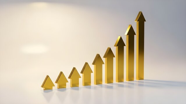 Golden 3D arrows rising in a row, symbolizing exponential business growth and financial success on a clean light background