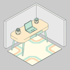 Isometric illustration of a modern home office desk with laptop and plants.