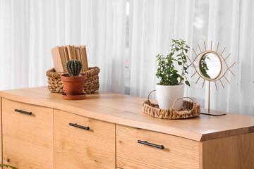 Wooden cabinet with houseplants and decor near window