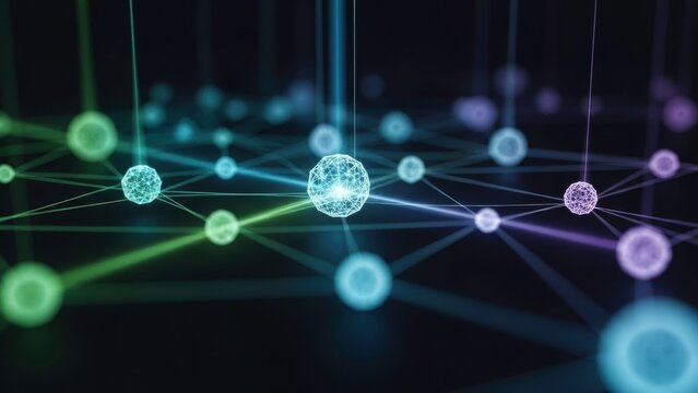 Abstract digital network of glowing interconnected nodes and lines representing data connection, technology, and futuristic communication in dark space