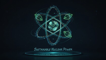 Digital illustration showcasing sustainable nuclear power concept with atom and leaves.