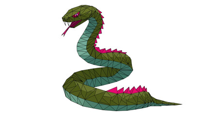Fototapeta premium A green and pink polygonal snake in a striking pose, rendered in a low-poly geometric style against a white background.