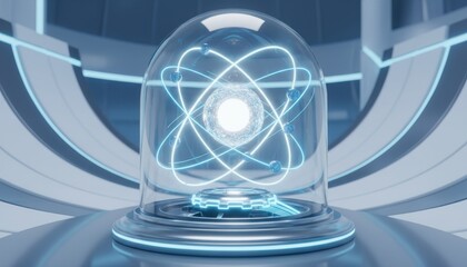 A futuristic representation of an atom enclosed in a glass dome, showcasing scientific innovation.