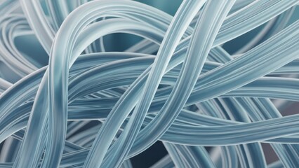 Abstract closeup of intertwined, translucent blue synthetic fibers or threads creating a complex, modern texture background