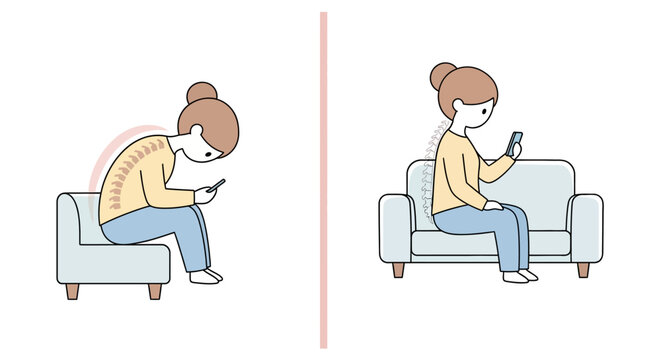 Illustration comparing correct and incorrect posture for a woman using a smartphone while sitting on a sofa.