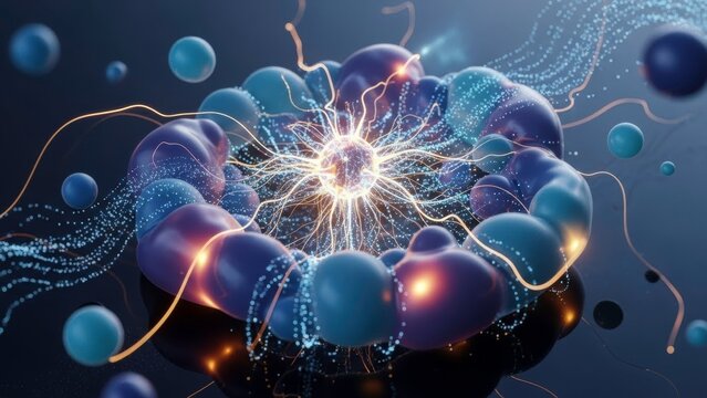 Abstract digital visualization of energy flow and particle interaction in a futuristic molecular structure