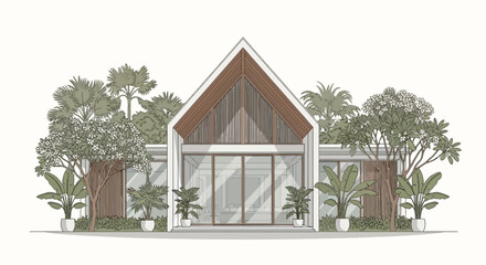 Architectural illustration of a modern gable roof house with a lush tropical garden.